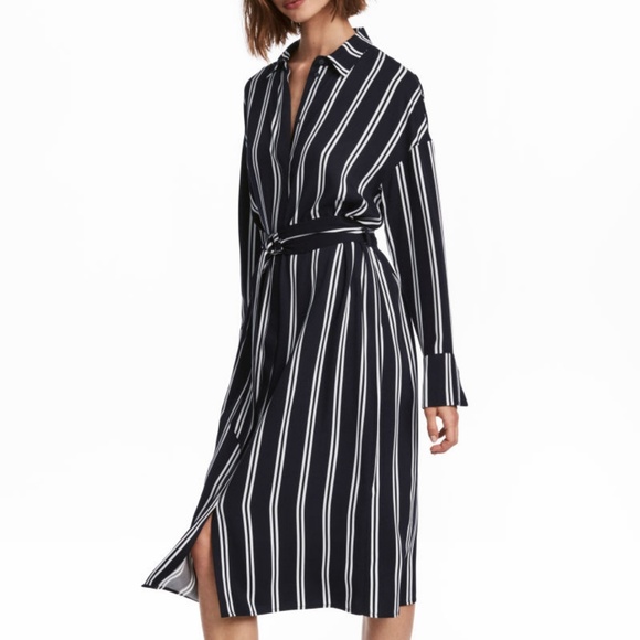 dark blue and white striped dress